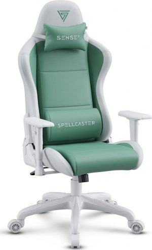 Геймерське Крісло SENSE7 Spellcaster FUKU PU Біло-Зелене Яскравий Дизайн і Комфорт