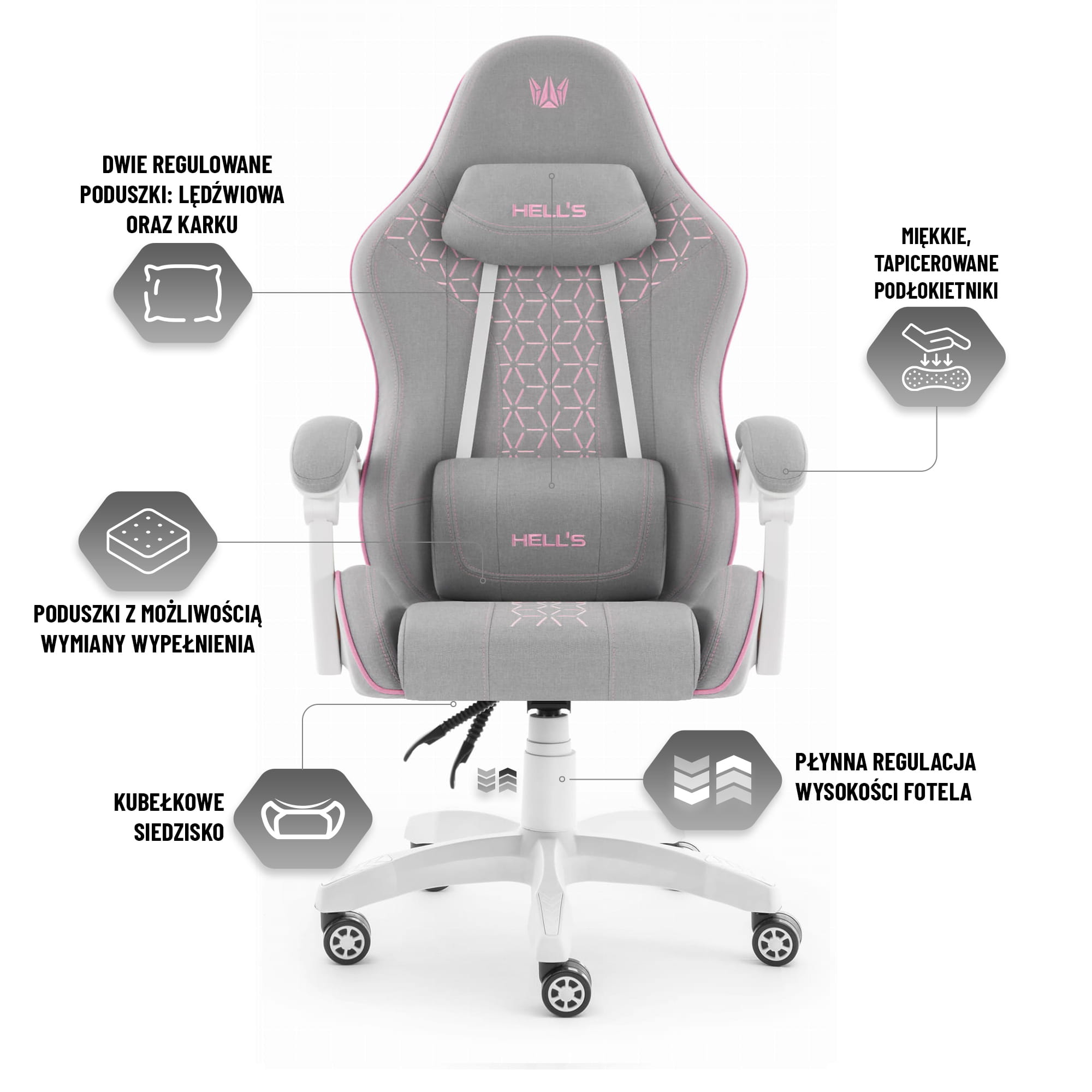 Геймерське крісло Hell's Chair HC-1008 Grey Pink 2.0 тканина/сітка - Зображення 7