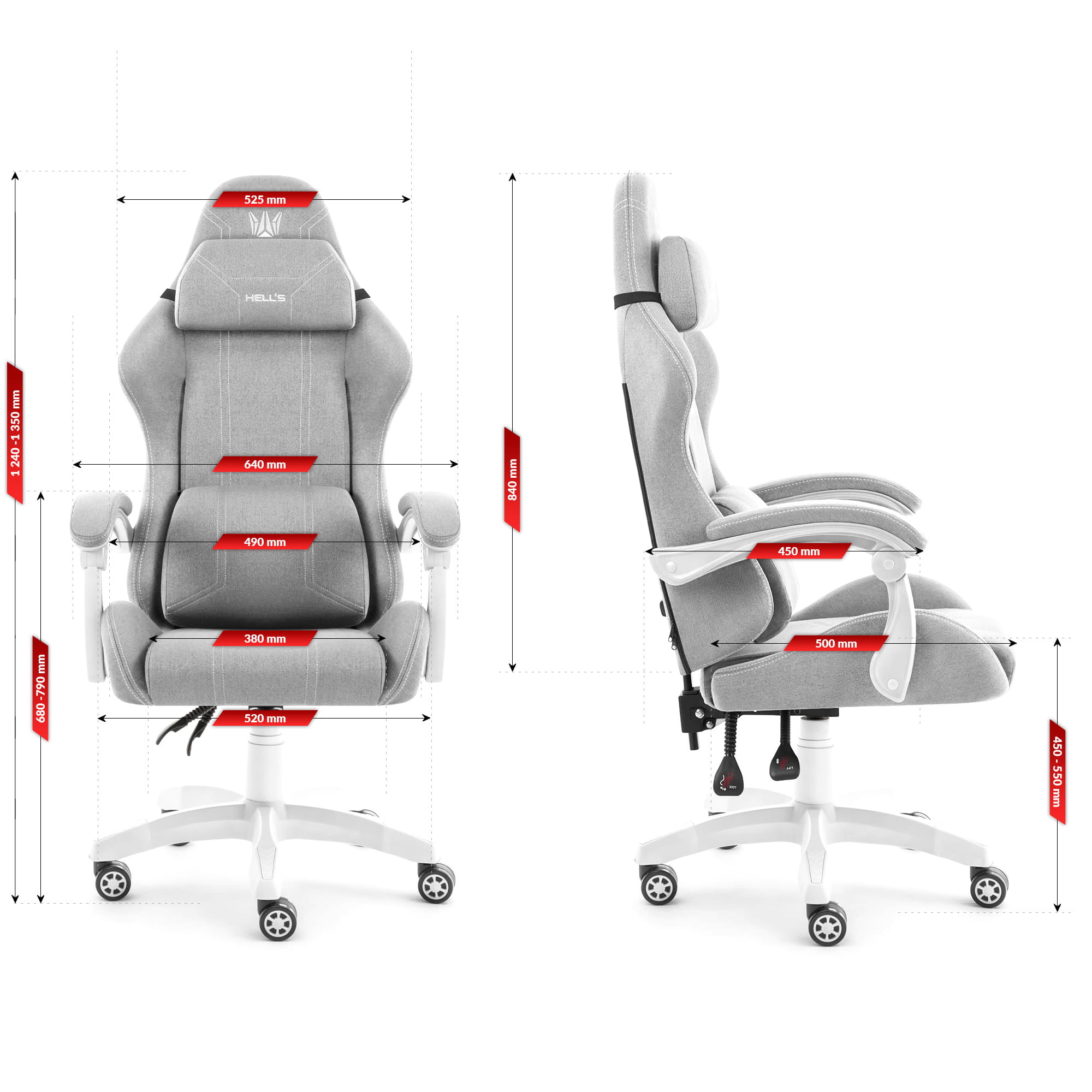 Геймерське крісло Hell's Chair HC-1014 Grey White тканина - Зображення 10