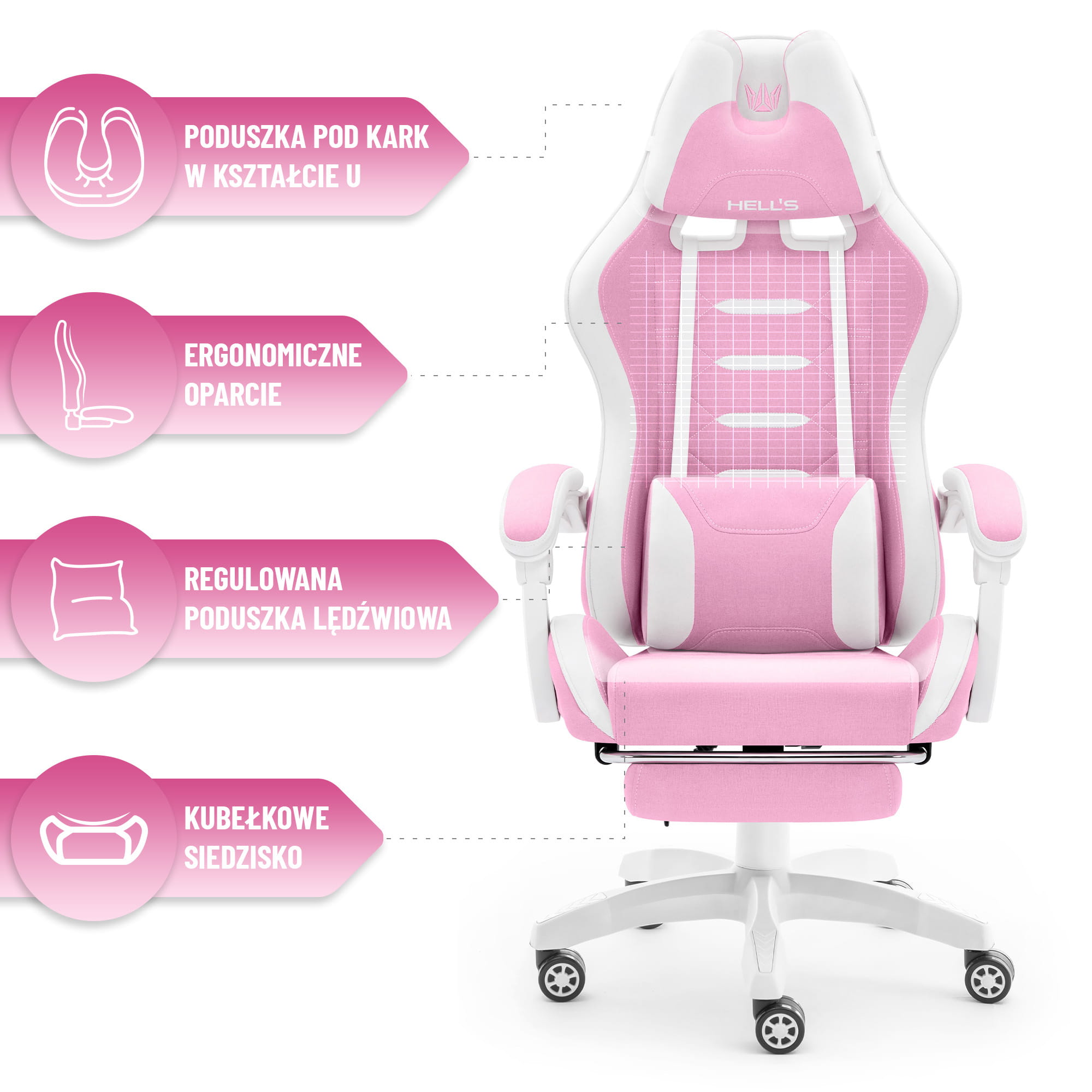 Геймерське крісло Hell's Chair HC-1039 2.0 Pink White тканина - Зображення 6