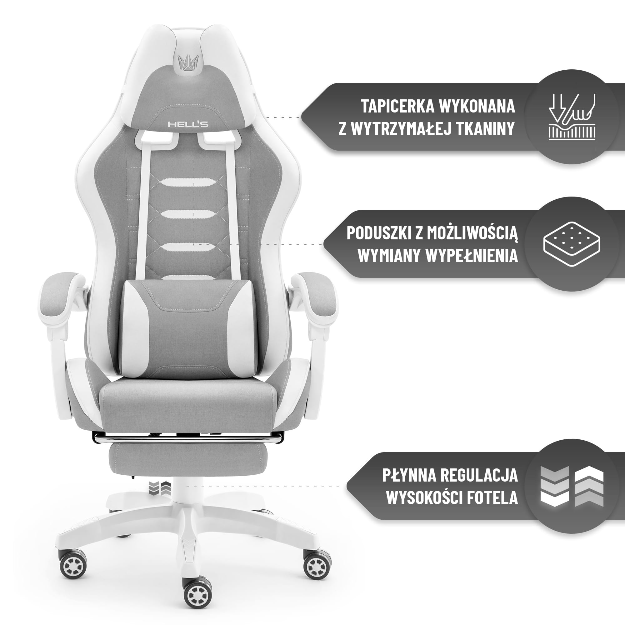 Геймерське крісло Hell's Chair HC-1039 2.0 Grey White тканина - Зображення 3