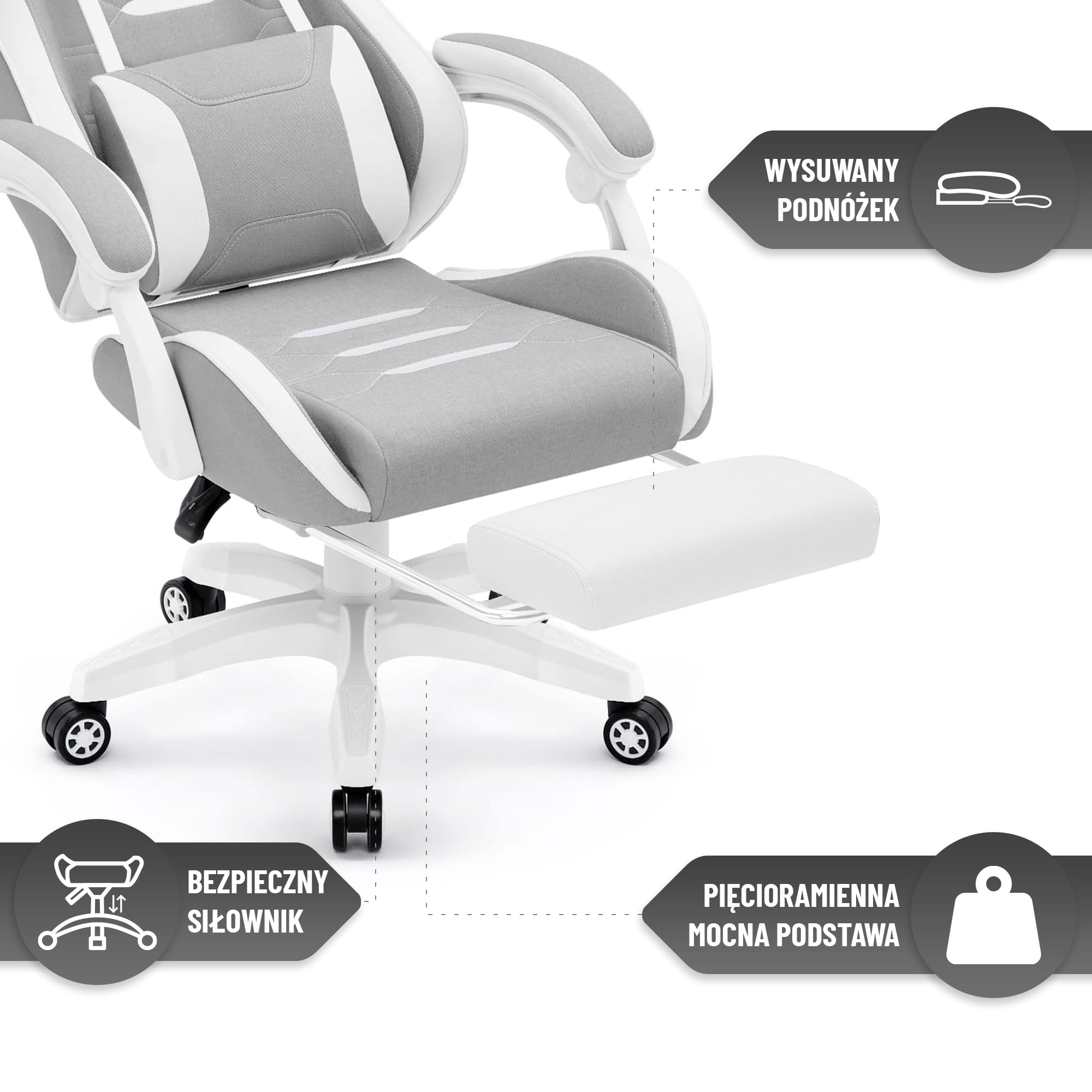 Геймерське крісло Hell's Chair HC-1039 2.0 Grey White тканина - Зображення 4