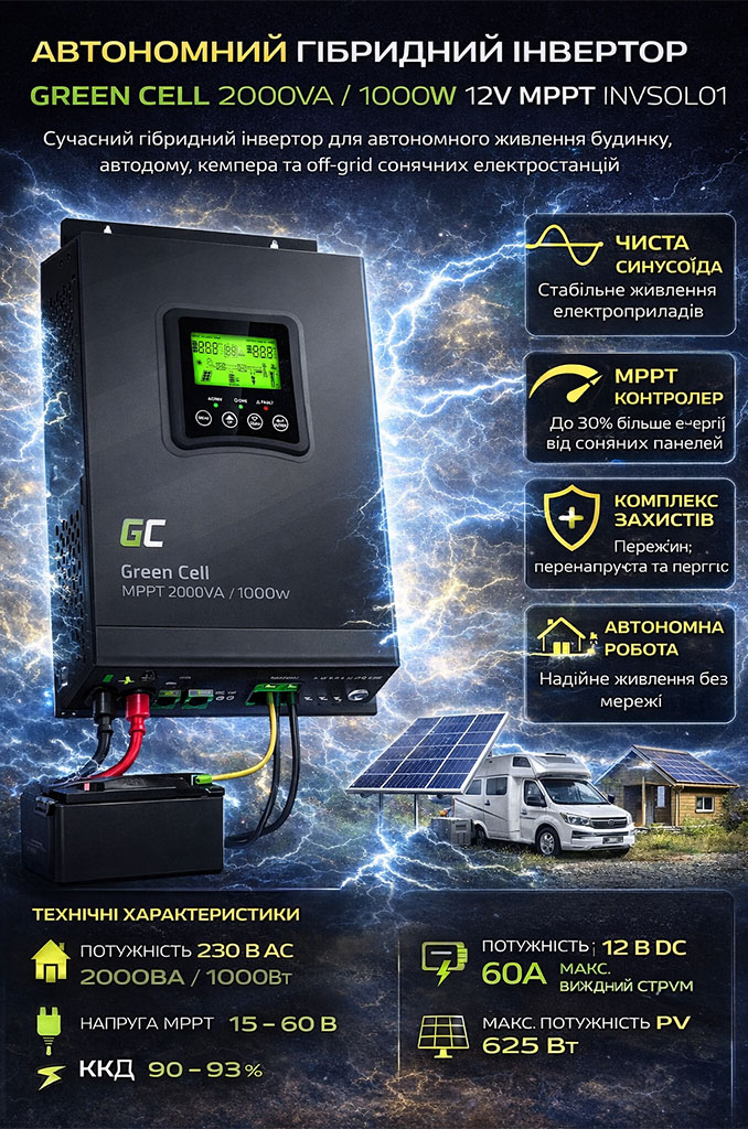 Автономний гібридний інвертор GREEN CELL 2000VA 1000W 12V MPPT INVSOL01 - Зображення 2