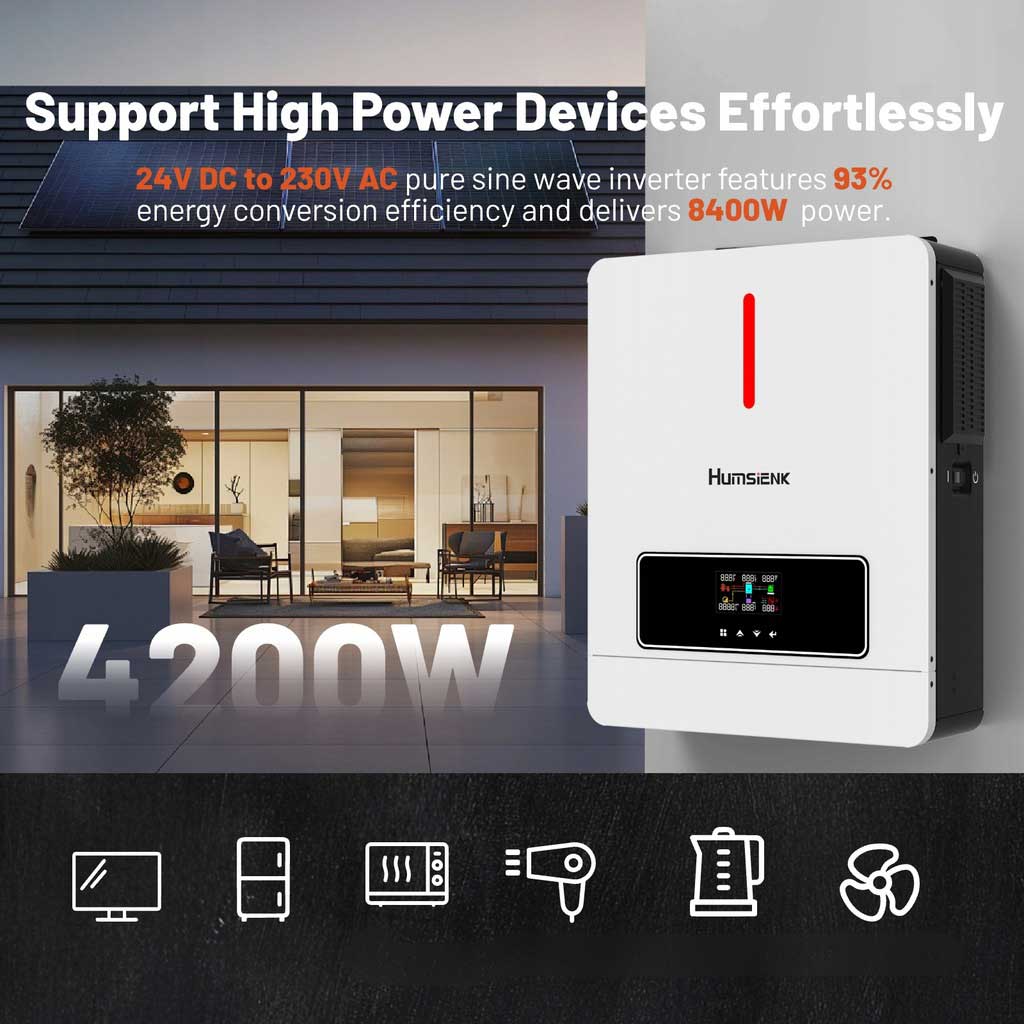 Гібридний інвертор Humsienk 4200W 24V 230V MPPT 6200W HSINV24V4.2KW220-SRB-EU - Зображення 5